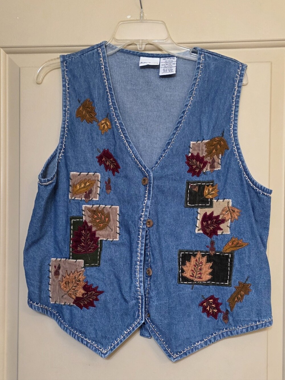 Vintage Bobbie Brooks Denim Corduroy Embroidered Leaf Fall Vest Womens Medium